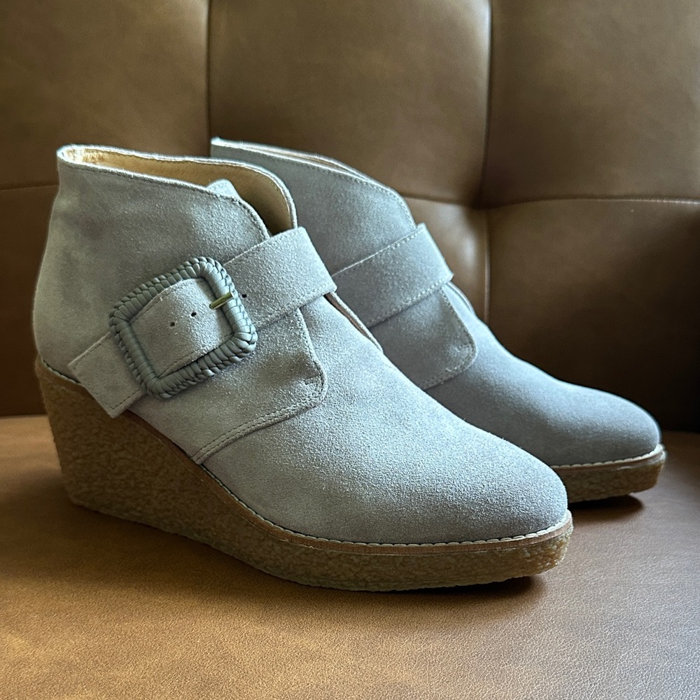 Jack Rogers Light Gray Suede Izzie Wedge Ankle Booties with Buckle
